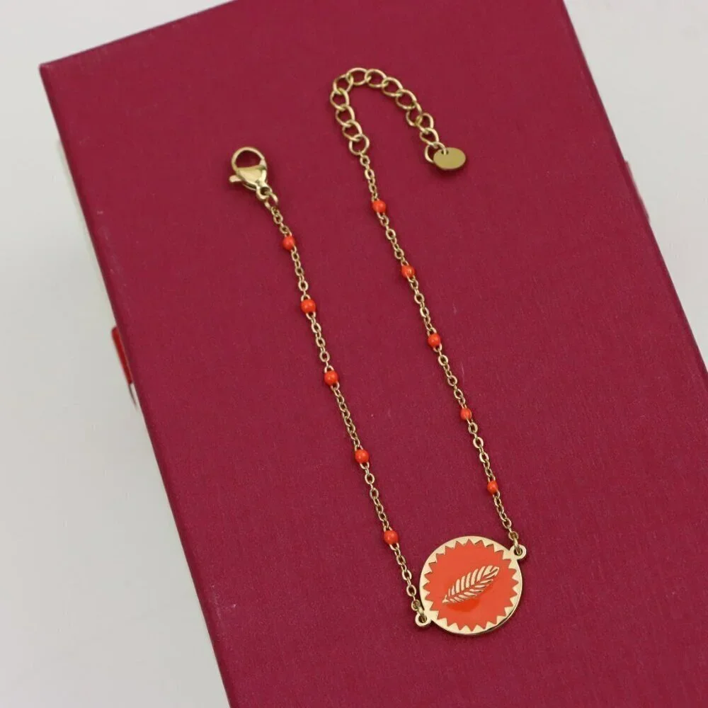 Gold Plated Yellow Bracelet with Orange Leaf Charm, Adjustable Size, XPBL0629